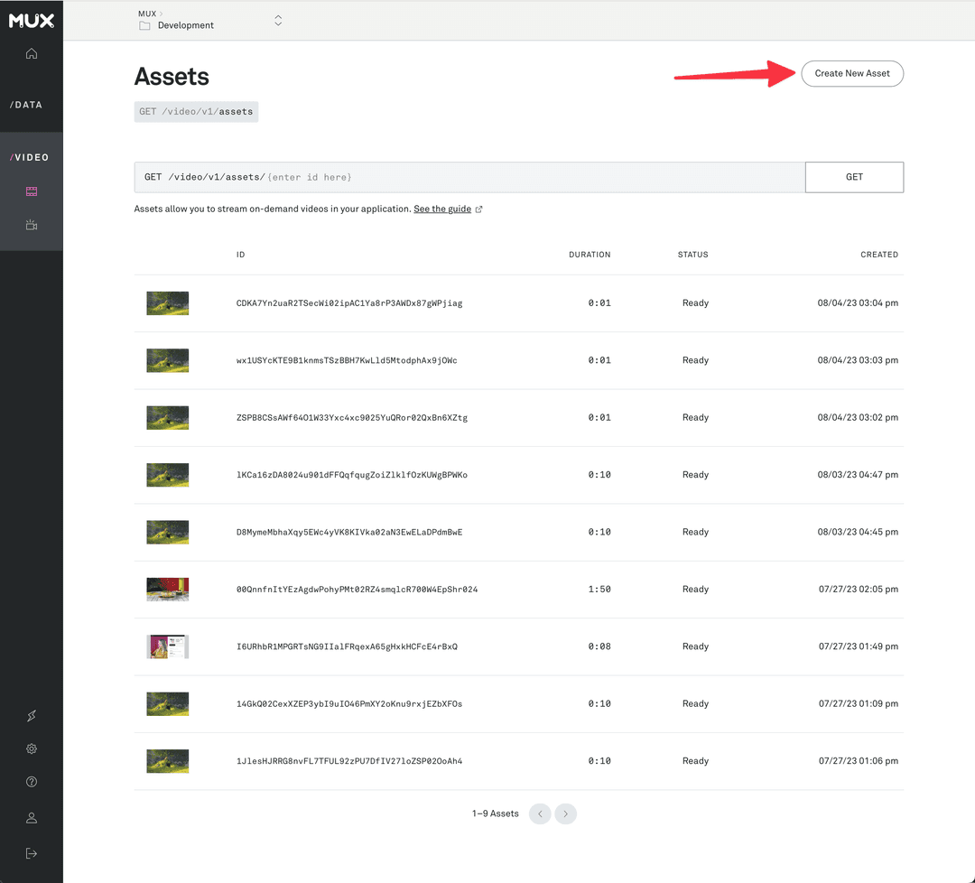 In the upper-right corner of the Mux Dashboard is a button labeled "Create New Asset"