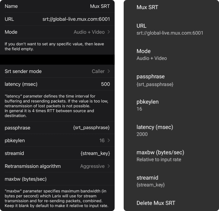 SRT configuration for Larix Broadcaster on iOS and Android